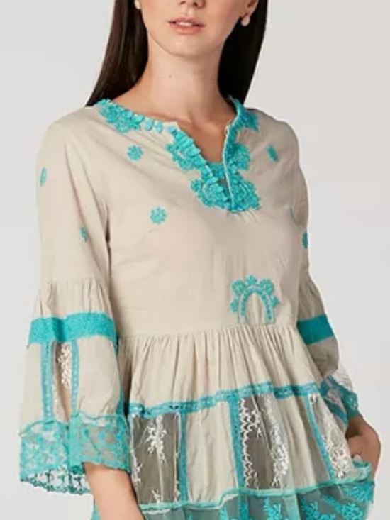 Shoreline Tops - Shoreline Beige Tunic with Turquoise Lace Trim